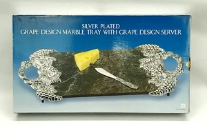 Godinger Green Marble Tray W/ Silver Plated Grape Design Handles & Cheese Knife - Picture 1 of 12