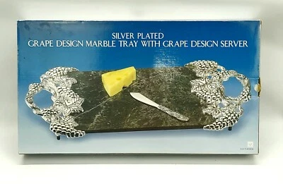 Godinger Green Marble Tray W/ Silver Plated Grape Design Handles & Cheese Knife - Image 1 of 4