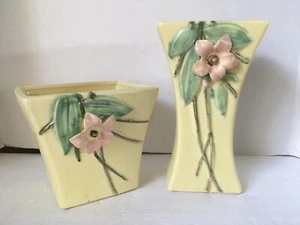 McCoy Pottery Vintage 1940s Yellow Blossom Time Floral Pink Flower Vases Pair - Picture 1 of 9