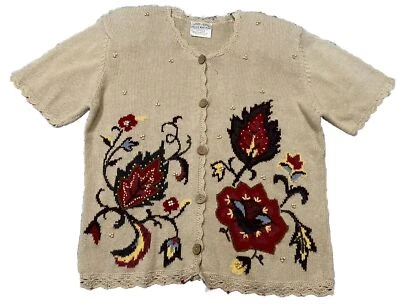 READ DESCRIPTION Susan Bristol Hand Embroidered Short Sleeve Flower Bead Sweater - Image 1 of 4
