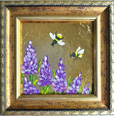Pintura Abejorro Abeja sobre Lavanda Pequeño Arte Abeja Insectos Arte Enmarcado en Oro Foto 1 de 4