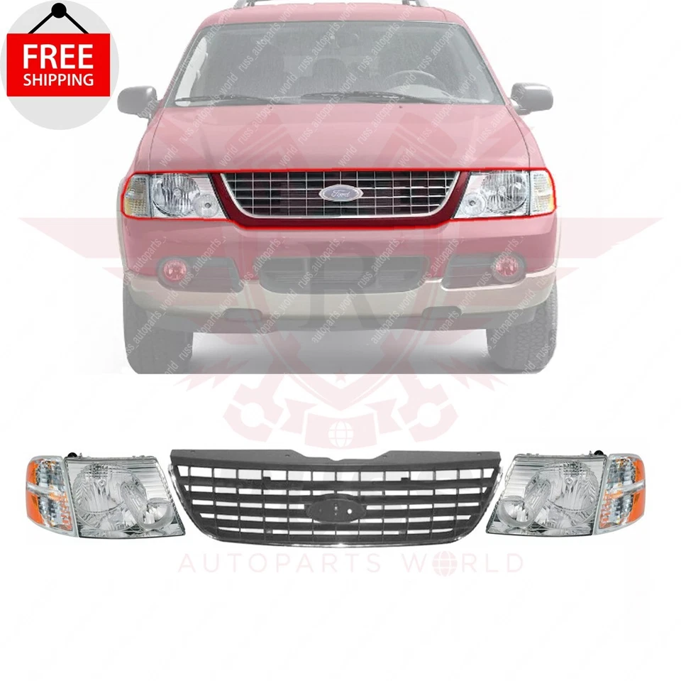 New Front Chrome / Gray Grille & Headlight & Park Light Fits 2002-2003 Explorer - Image 1 of 4