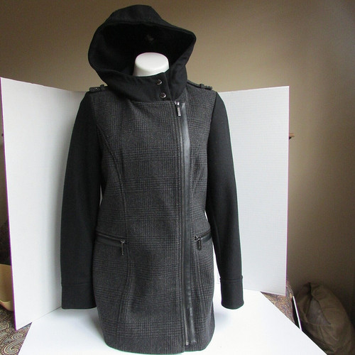 MICHAEL KORS BLACK GRAY PLAID WOOL BLEND HOODIE COAT SZ 8 MINT