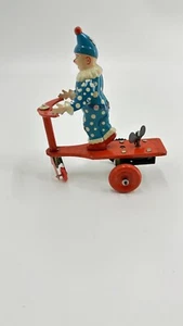 VINTAGE Tin Wind-Up Toy Clown on Tricycle Scooter Blue Red NEW - Picture 1 of 7