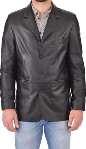 Leather Blazer Mens Coat Men Vintage Soft Lambskin Fit Slim Two Button Black 37 - Picture 1 of 4