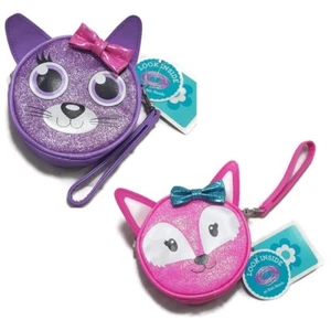 Girls Wristlet Gift Set Purse w Hair Ties Fox Cat Purple Pink Glitter Coin Bag - Picture 1 of 19