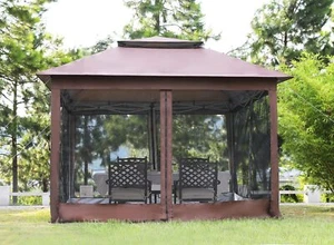 10'x10' Pop Up Gazebo Rooftop Patio Gazebo Canopy with Mosquito Netting Brown - Picture 1 of 7