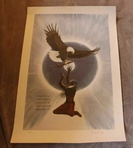 Póster impreso My Peace 1999 S/N firmado 32/300 RARO Nativo Americano Eagle Moon FN - Imagen 1 de 1