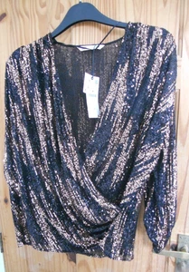 ZARA NEGRO Y ORO ROSA LENTEJUELAS RIBETE ABRIGO SUELTO TOP EURO L NUEVO CON ETIQUETA - Imagen 1 de 2