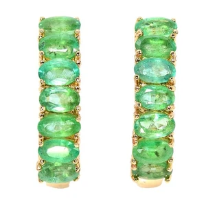 NATURAL AAA GREEN EMERALD OVAL BRASS YELLOW GOLD PLATED HUGGIES EARRING - Picture 1 of 6