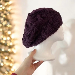 Hand Knit Beanie Women Cable Slouchy Hat in Berry Wine Colour - Picture 1 of 5