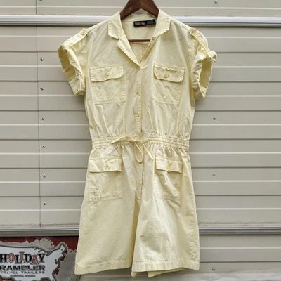 Vintage 80s Yellow Romper Women's Utility Button Up Cotton Summer Playsuit M - Image 1 of 4