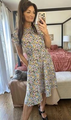 60’s Expertly Handmade Black Floral Handmade Dress Pockets Elastic Waist - Image 1 of 4