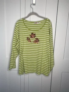 Quacker Factory Sequin Leaves Green Stripe Long Sleeve Fall Shirt Womens Plus 2X - Picture 1 of 6