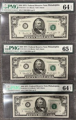 1974 $50 FIFTY DOLLAR BILL PMG 65/64 EPQ GEM UNCIRCULATED 3 CONSECUTIVE AVAILABL - Image 1 of 4