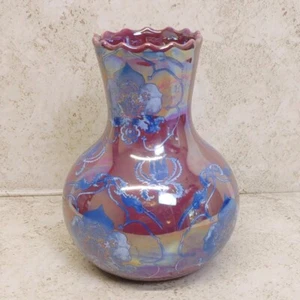 Anthropologie Lanza Vase Floral Iridescent Purple Blue Flowers 6.25" Scallop Rim - Picture 1 of 12