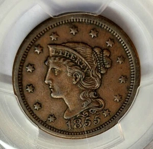 Choice 1855 Braided Hair Large Copper Cent 1C Slanted 55 PCGS AU53, High Grade - Picture 1 of 4