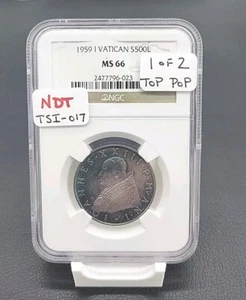1959 VATICAN SILVER 500 LIRE MONSTER TONING NGC MS66 1 OF 2 TOP POP - Picture 1 of 4