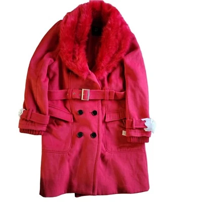 NY&CO Womens Jacket XL Red Faux Fur Trim Removable Pea Coat Festive Belted - Image 1 of 4