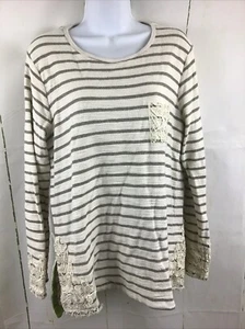 Matilda Jane“With A Twist” Stripe Cream/Gray Crotchet Hi/Low Lace Terry Top Sz.L - Picture 1 of 17
