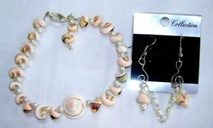 New Shell & Pearl Bracelet & Earrings-1 1/2" Long Earrings-Bracelet 8"-Handmade - Picture 1 of 3