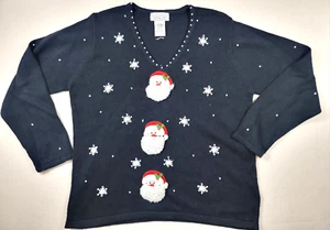Vintage Mandal Bay Ugly Christmas Sweater Black Santa Face Pearl Beaded Size XL - Picture 1 of 10