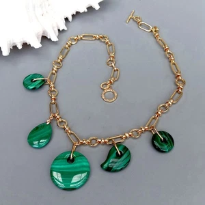 19" Natural Green Malachite Charm Pendant Gold Plated Chain Necklace - Picture 1 of 6