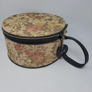 Vintage Lerche 12" runder Koffer grau Hutschachtel Reiseetui mit Schlüssel Blumen genäht - Bild 1 von 16