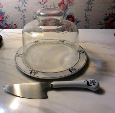 Dansk Cheese Dish w/ Glass Dome & Matching Cheese Knife Stainless Steel Blade Foto 1 de 3