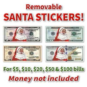 Santa Money Stickers for $5 $10 $20 $50 $100 Christmas Dollar Bill Gift NO CASH - Picture 1 of 5