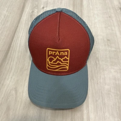 Gorra ajustable Prana SnapBack malla camionero azul, naranja óxido, logotipo amarillo Foto 1 de 4