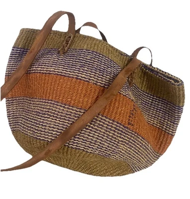 Vintage Sisal Market Jute Leather Tote Bag Large Ethnic Boho - Image 1 of 4