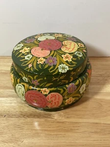 Vintage handbemalte runde Schmuckschatulle aus Holz Blumen Made in India - Bild 1 von 10