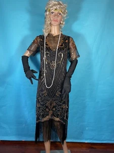 Flapper costume XL black/gold fringed/beaded/sequins 1920's Great Gatsby (10) - Picture 1 of 7