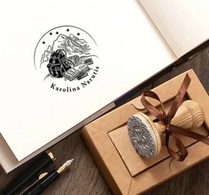 Travel Mountains Books Rucksack Ex libris Stamp Personalized Gift in Special Box - Picture 1 of 8
