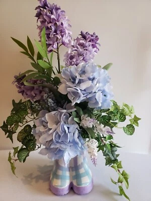 Rain boot flower centerpiece, blue floral arrangement, blue flower arrangement - Image 1 of 4