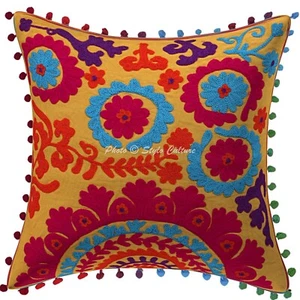 Yellow Cushion Cover Suzani Gypsy Handmade Indian Tribal Ethnic Hippie Pillow - Picture 1 of 6