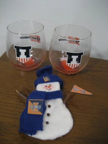 University of Illinois Quarterback Club Set of 2 Wine  Glasses - & Ornament! Cover