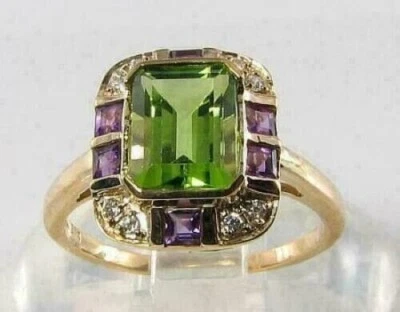 3Ct Emerald Cut Peridot Engagement Wedding Women's Ring 14K Yellow Gold Finish - Image 1 of 4