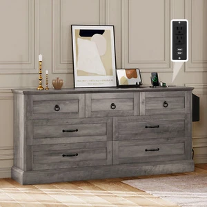 Farmhouse 7 Drawers Dresser 59" Wide Wood Rustic Chest of Drawers w/Nice Texture - Picture 1 of 21