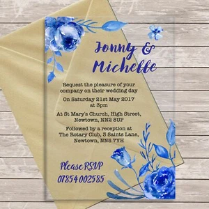 Blue Floral Acrylic Clear Transparent Luxury Wedding Invitations Invites - Foto 1 di 6