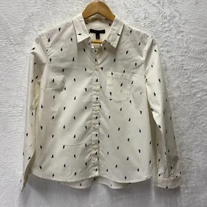 Banana Republic Shirt Womens Small Ivory Cat Print Cotton Untucked Fit Button-Up - Picture 1 of 11