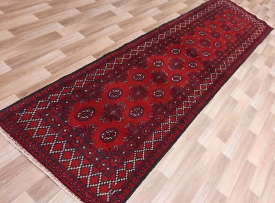 2x9  Afghan Bokhara Runner - Hand-Knotted Wool Rug -  Classic Tekke Gul. - Image 1 of 4