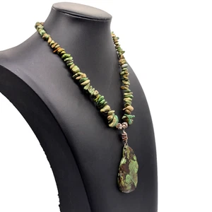 RAW GREEN TURQUOISE NUGGET NECKLACE w/ TURQUOISE PENDANT 17" - Picture 1 of 6