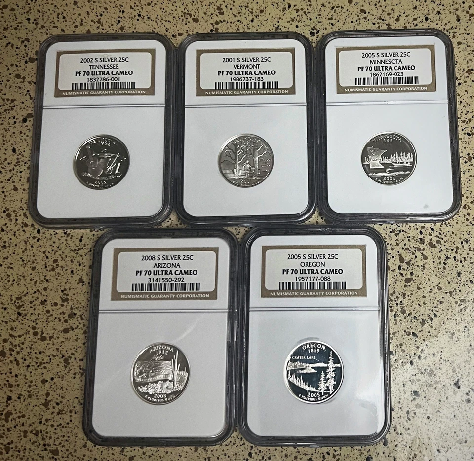 2001, 2002, 2005 & 2008 S NGC PF70 Ultra Cameo Silver Proof 5 Coin State Lot 25c - Image 1 of 4