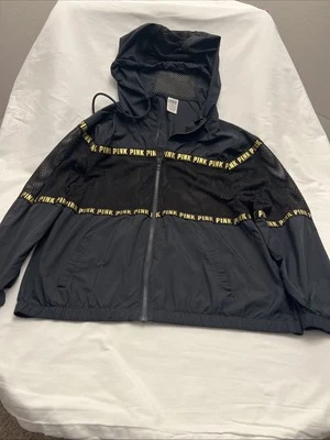 Chaqueta cortavientos ROSA Victoria's Secret negra dorada con logotipo cremallera malla con capucha talla M/L Foto 1 de 4