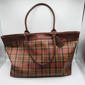 Estee Lauder Tote Bag Large Faux Leather Plaid Brown Red Tan Vintage 16x12x7 In - Picture 1 of 10