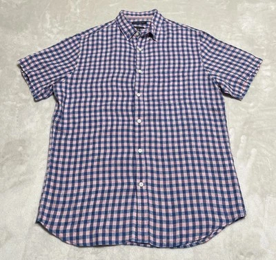 Banana Republic Shirt Men's Medium Pink Blue Plaid Linen Short Sleeve Camden Fit - Image 1 of 4