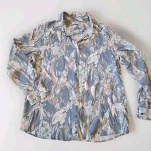 Size M Orvis 100% Silk Floral Button Up Blouse Water Color Lagenlook Gray Blue - Picture 1 of 9