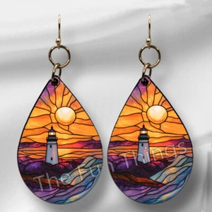 Faux Stained Glass Ocean Beach Lighthouse Teardrop Earrings NO TARNISH Dangle - Picture 1 of 8